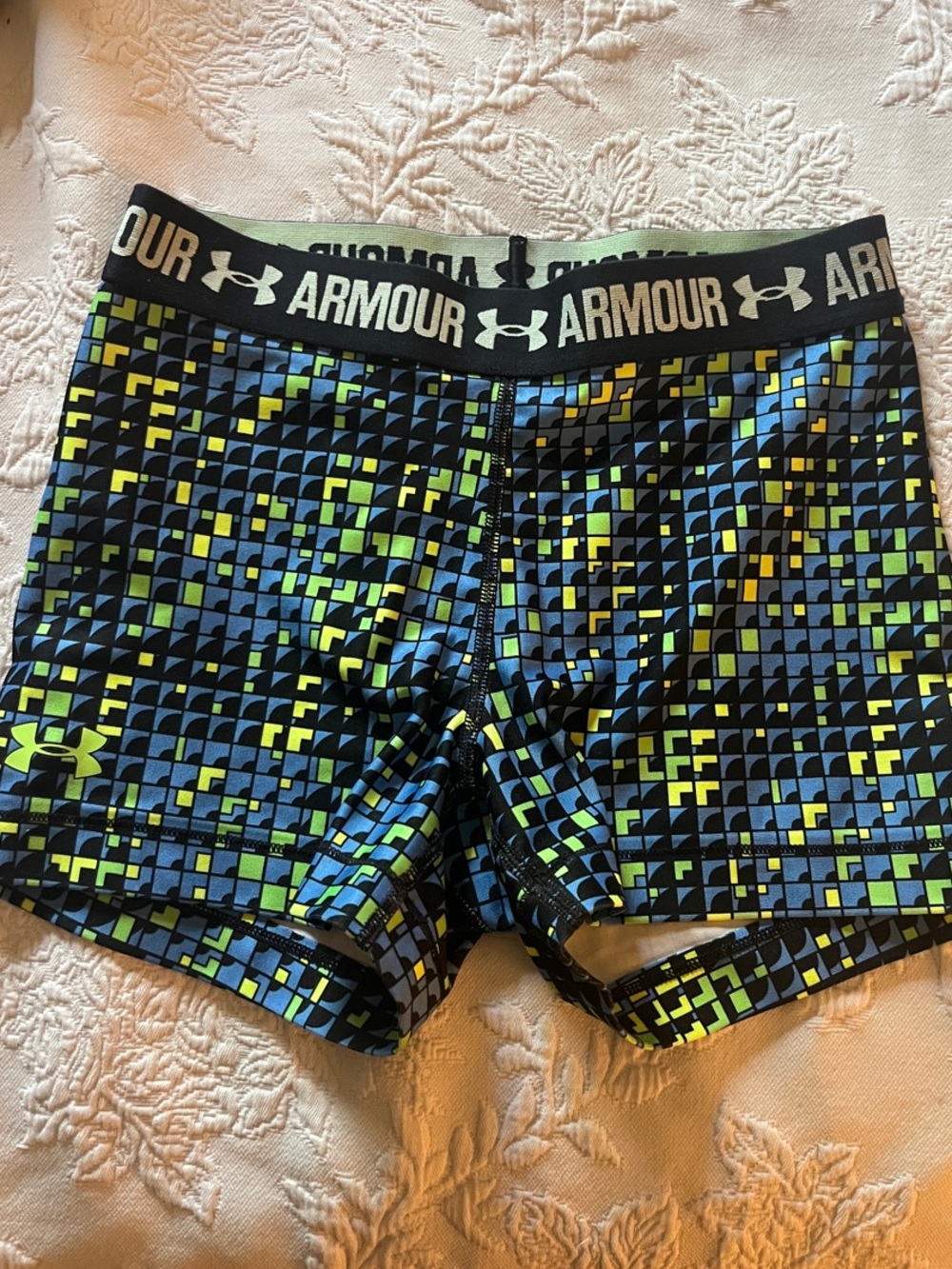 Under Armour Black Compression Shorts with Blue & Neon Green Geo Print